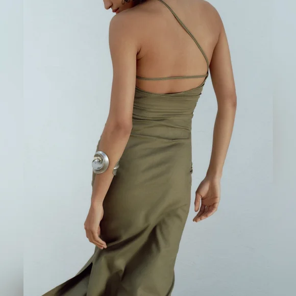 ZARA RUCHED ASYMMETRICAL LINEN BLEND DRESS - Picture 4 of 14